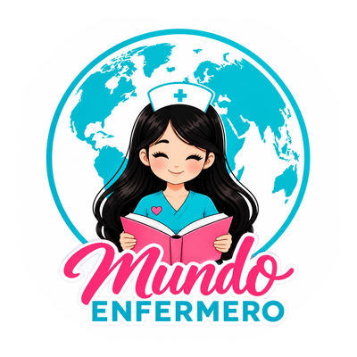 Logo de Mundo Enfermero: enfermera leyendo un libro frente al mundo